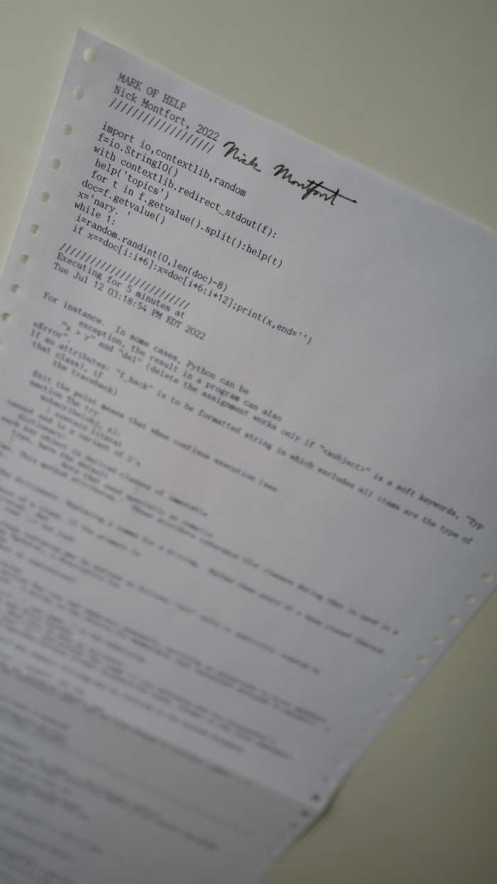 Detail of Mark of Help, sheet one from a five-sheet instance with code in focus.